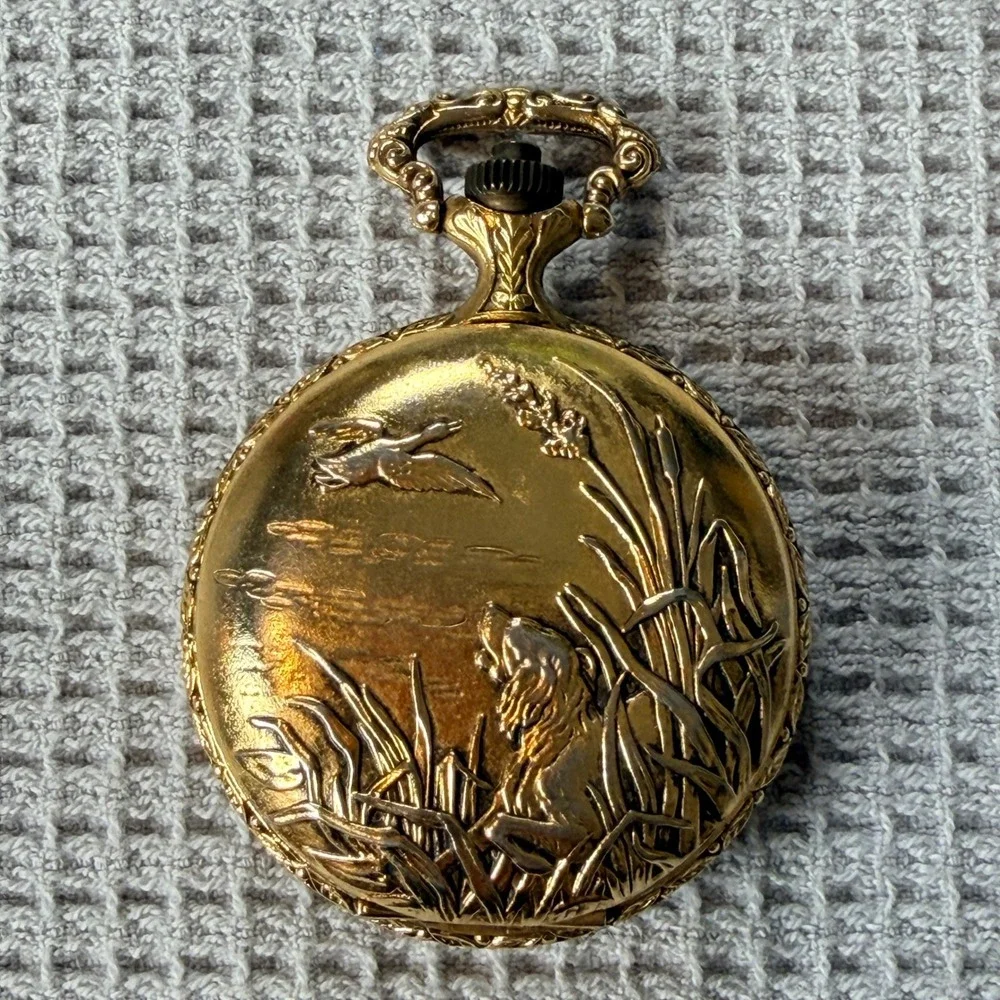 Armitron Quartz Pocket Watch Gold Tone Hunting Dog Duck Scene Roman Numerals